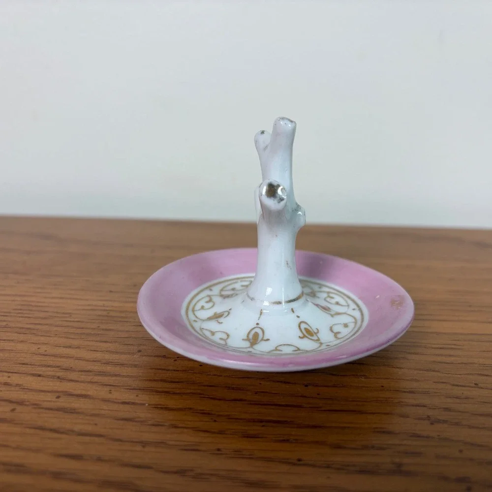 Vintage Porcelain Tree Branch Ring Holder Trinket Dish Pink Gold Scroll